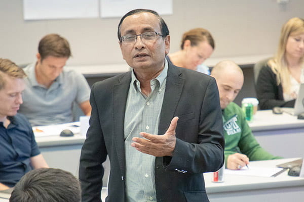marketing professor Biswas leading a class